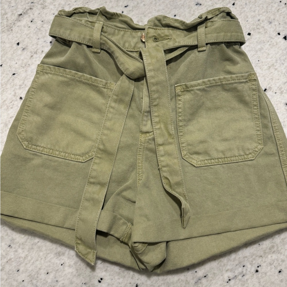Zara green denim/khaki paper bag shorts